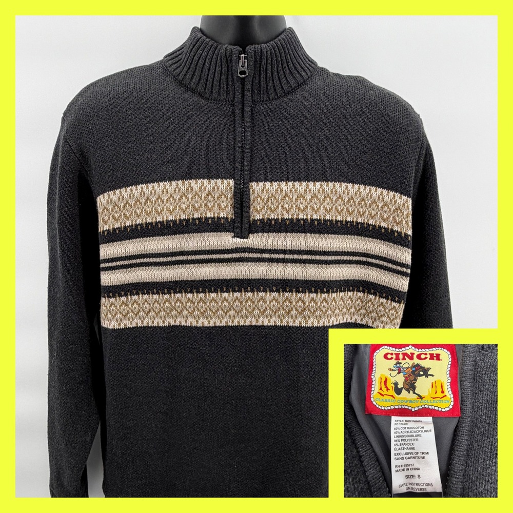 Cinch Men's 1/4 Zip Sweater‎ NWT S Charcoal Gray Southwestern Western Lined